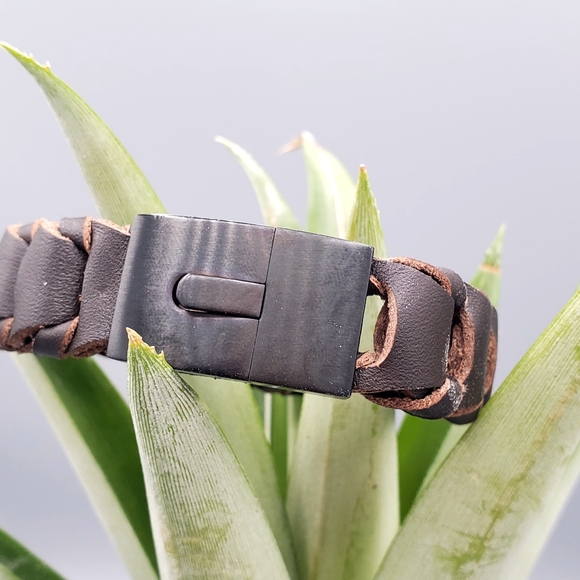 Inox 316 L Dark Brown Leather Mens Bracelet Metal Buckle - Picture 2 of 10